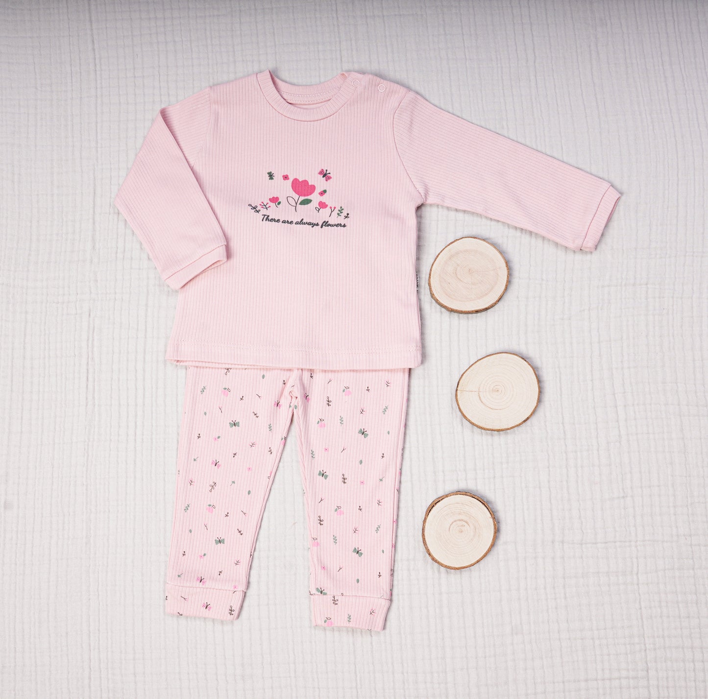 Ribbed Cotton Baby Girl Set - Flowers
