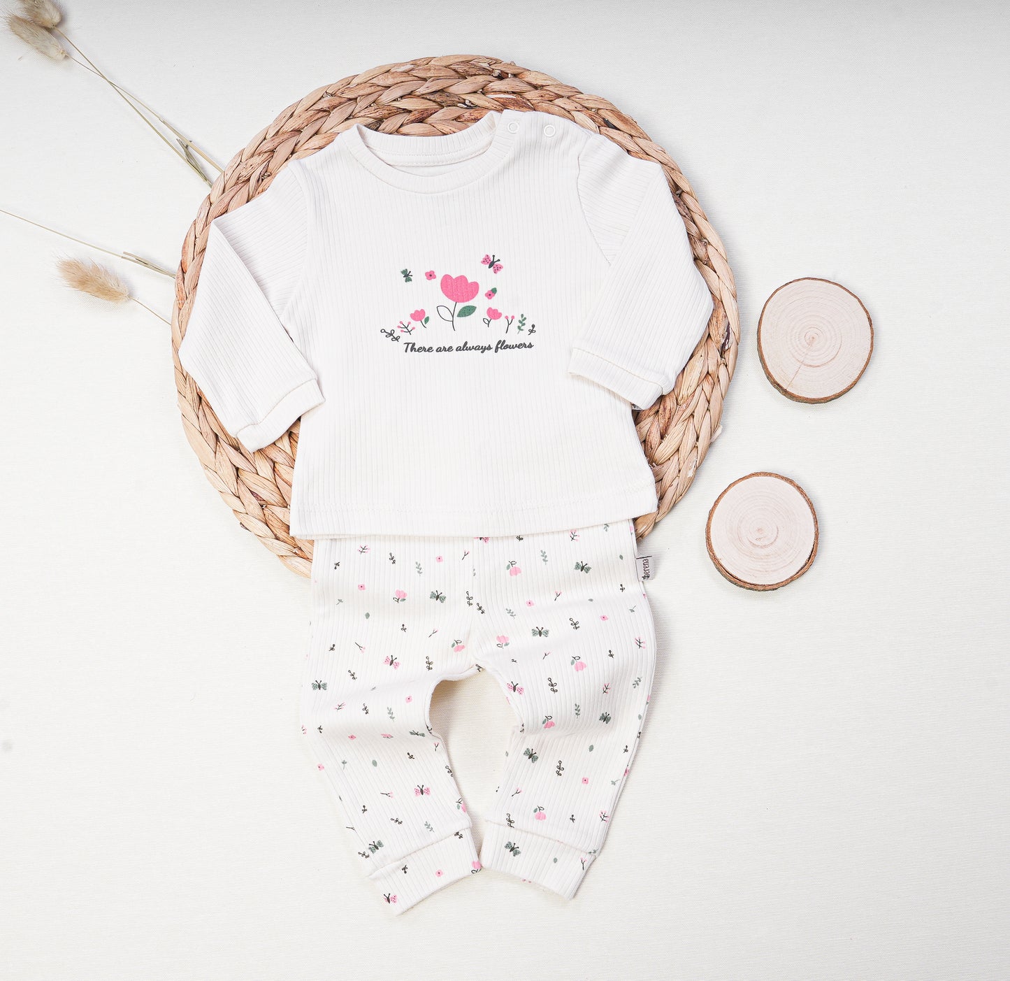 Ribbed Cotton Baby Girl Set - Flowers