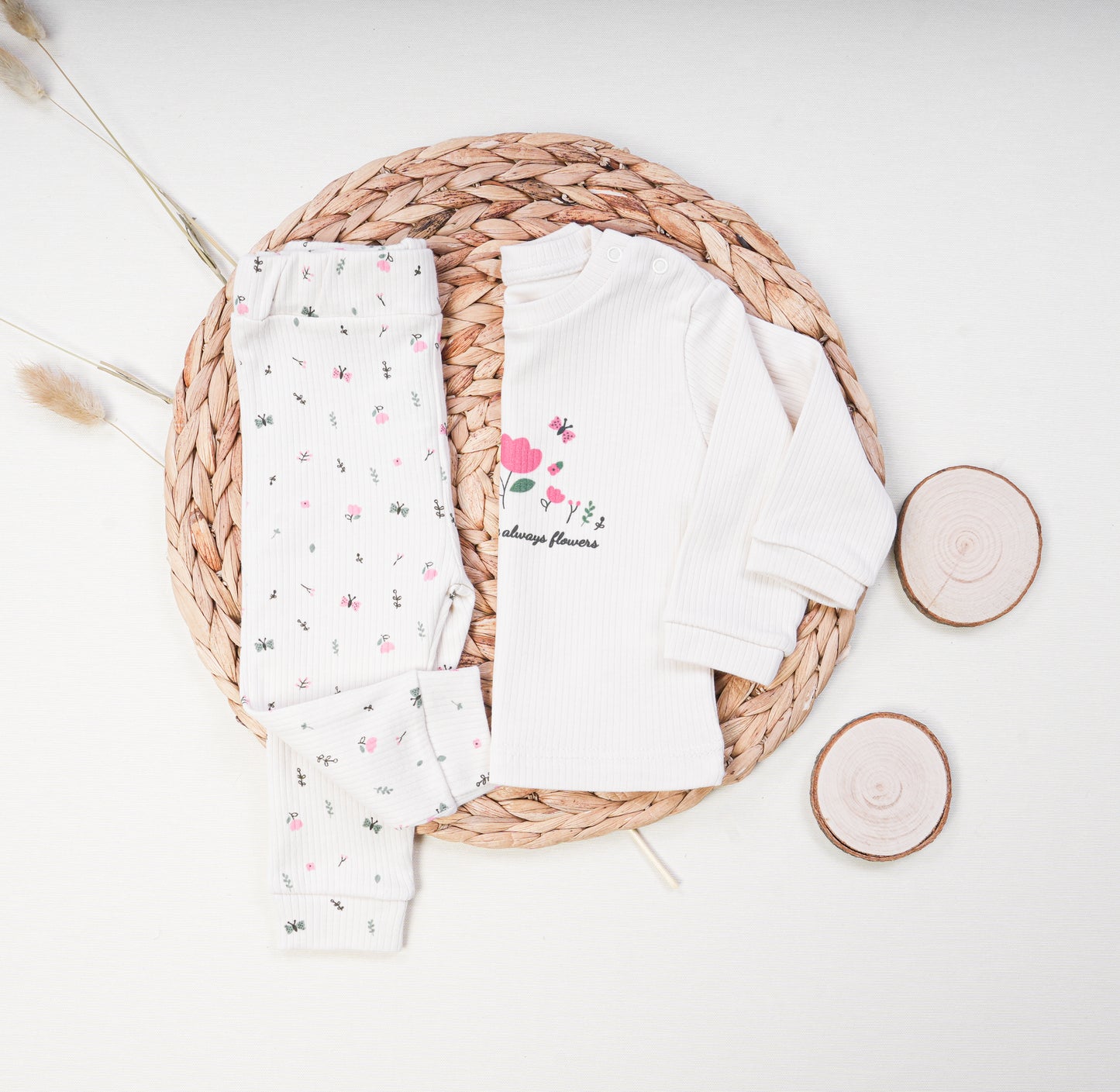 Ribbed Cotton Baby Girl Set - Flowers