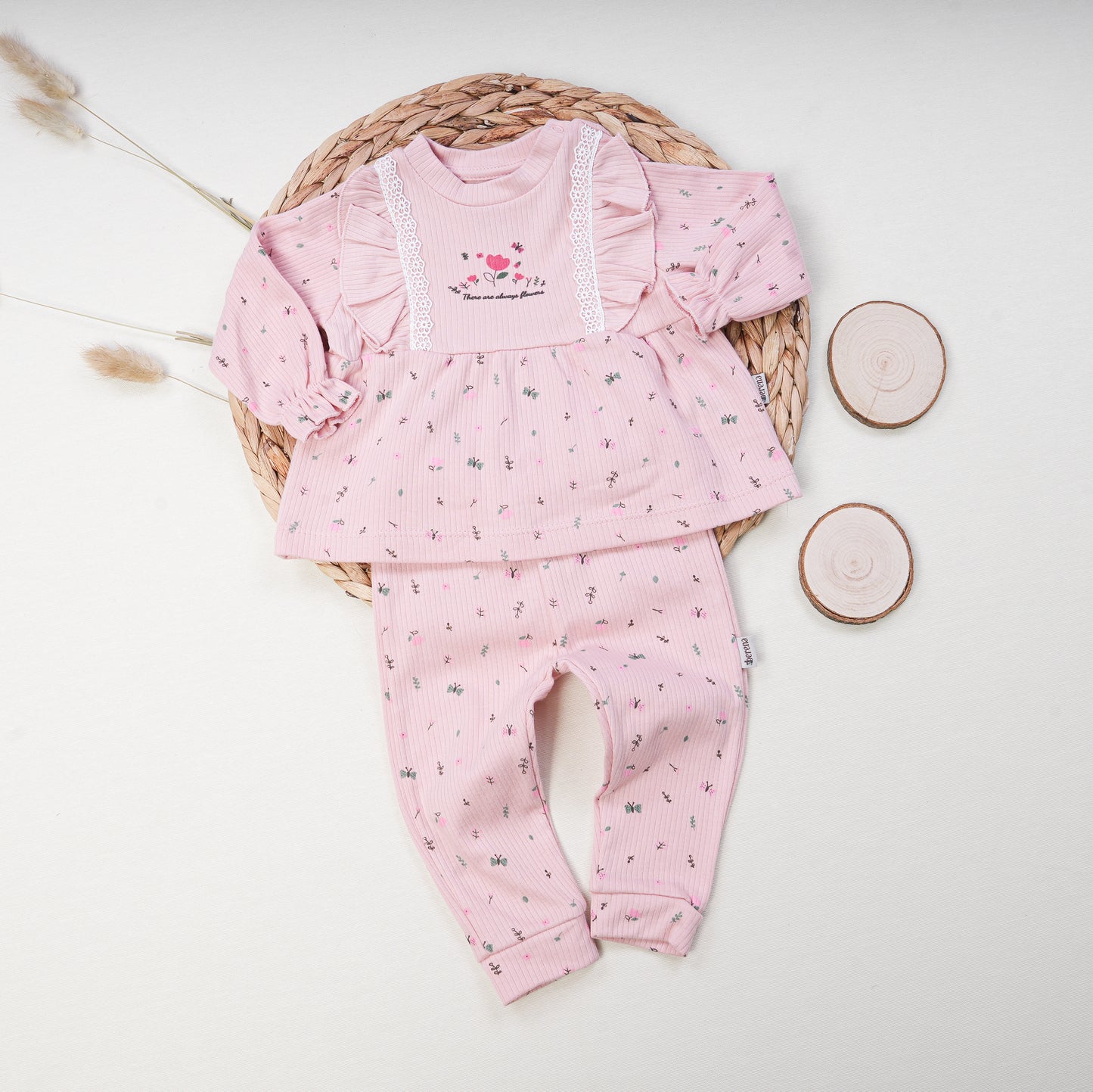 Ribbed Cotton Baby Girl Tunic Set - Flowers
