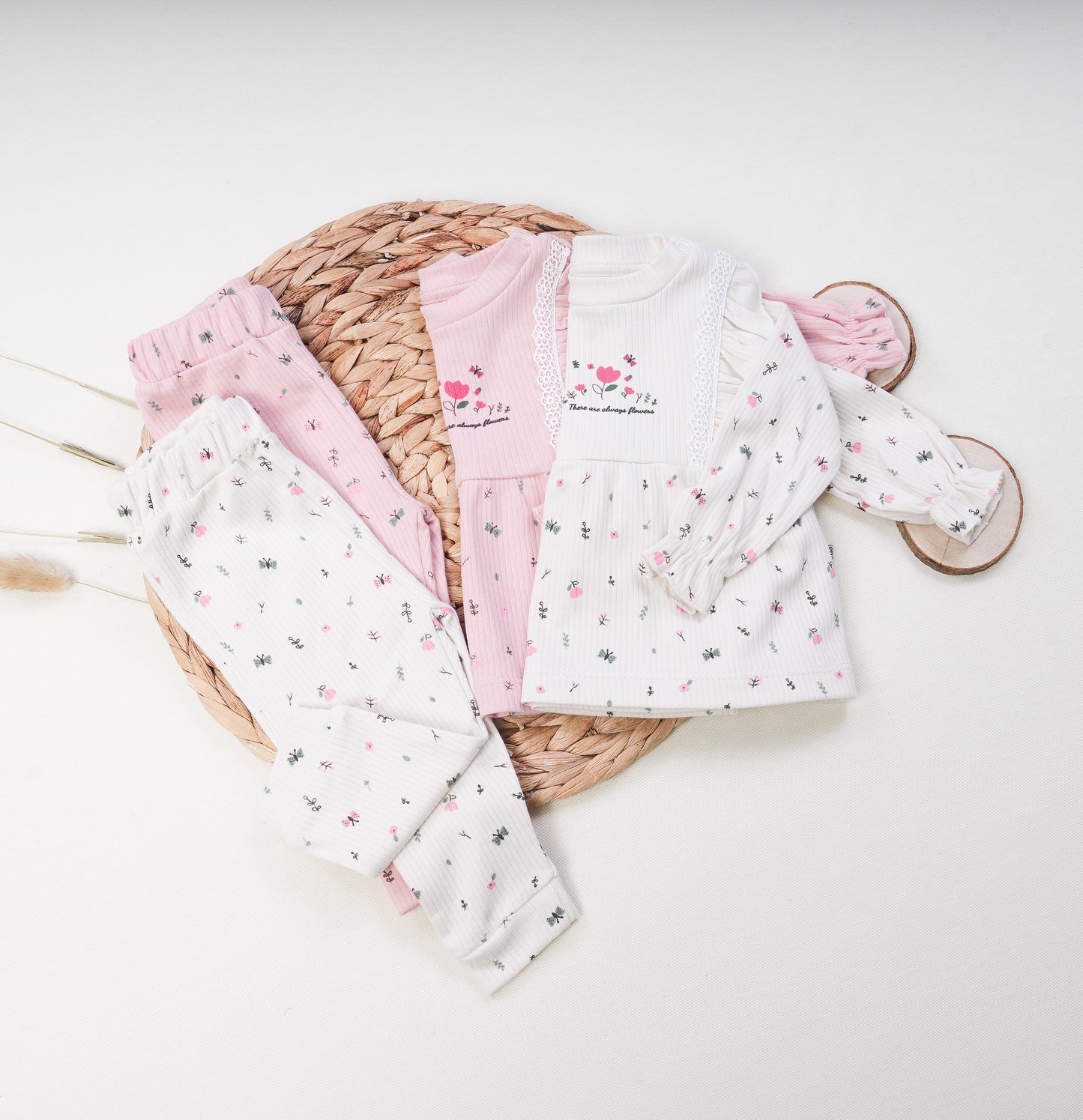 Ribbed Cotton Baby Girl Tunic Set - Flowers