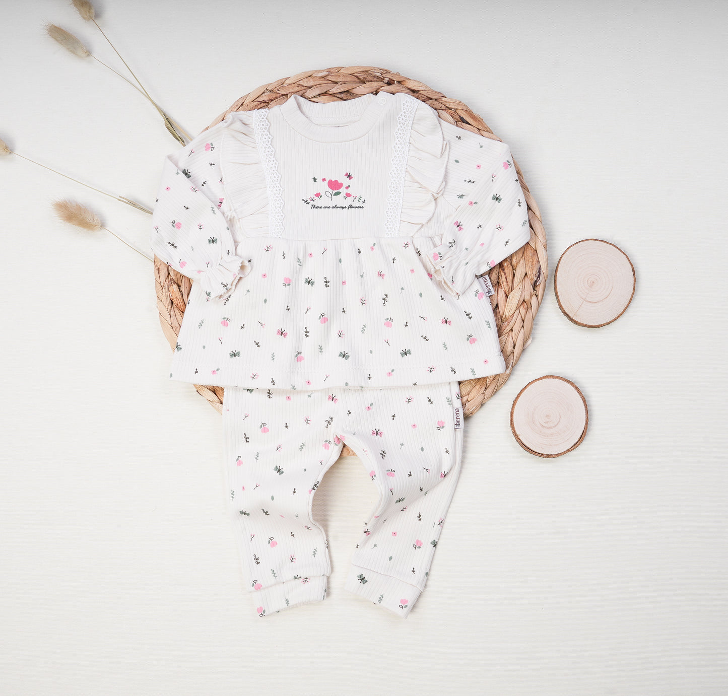 Ribbed Cotton Baby Girl Tunic Set - Flowers