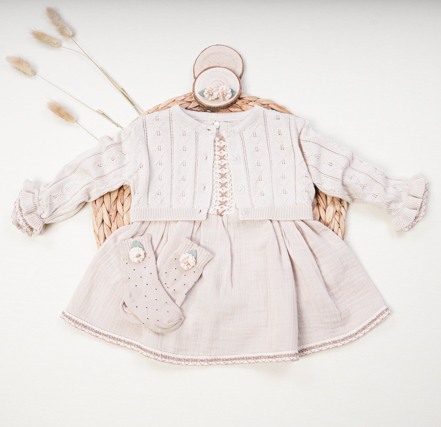 Baby Girl Muslin Dress and Cardigan Set Beige