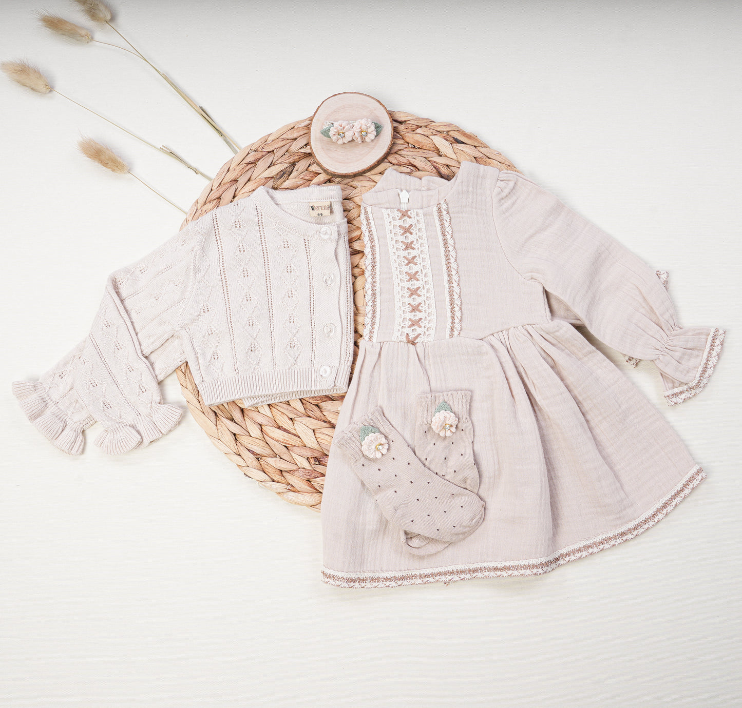 Baby Girl Muslin Dress and Cardigan Set Beige