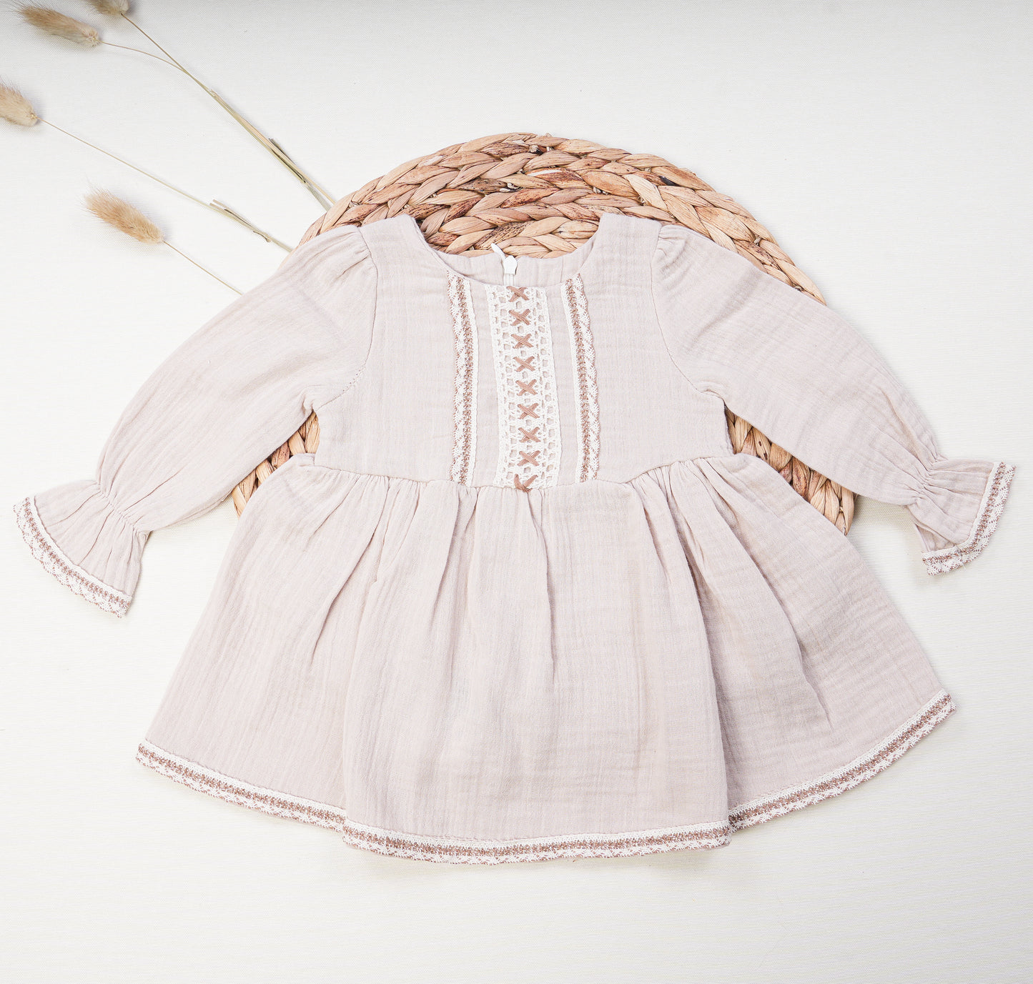 Baby Girl Muslin Dress and Cardigan Set Beige