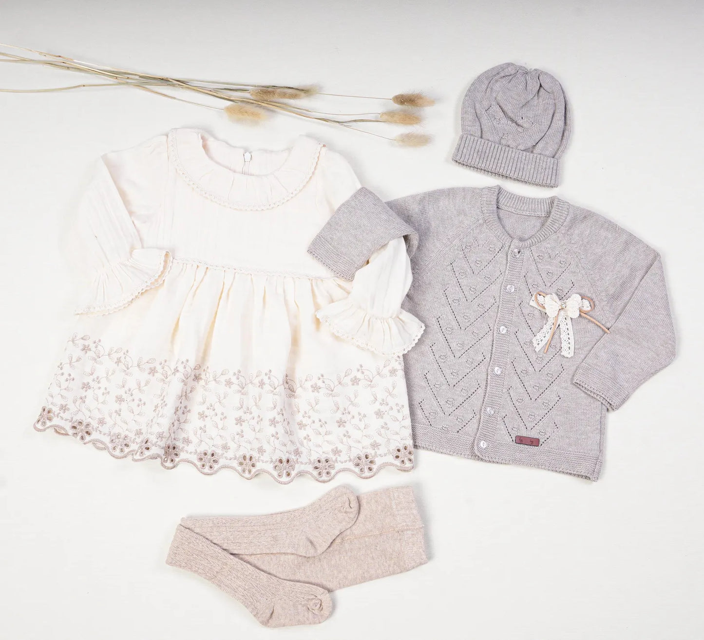 Baby Girl Muslin Dress & Cardigan Set Cream/ Beige with Tights & Hat