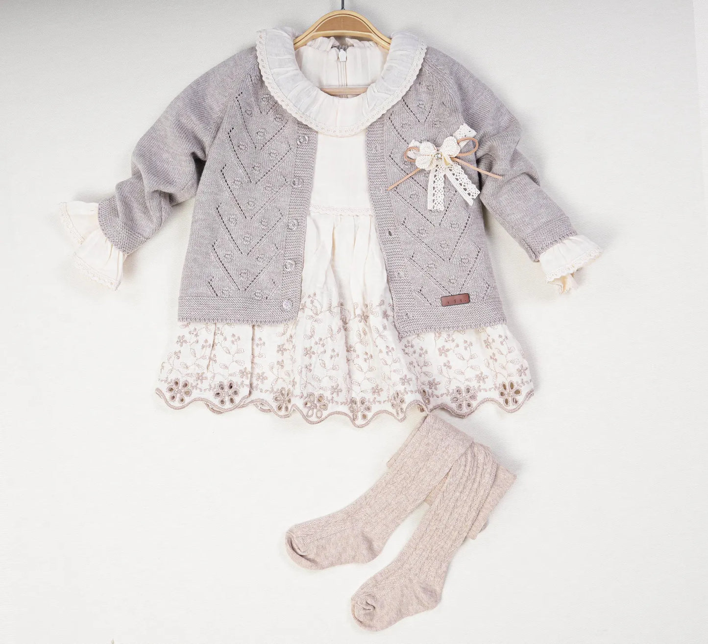 Baby Girl Muslin Dress & Cardigan Set Cream/ Beige with Tights & Hat