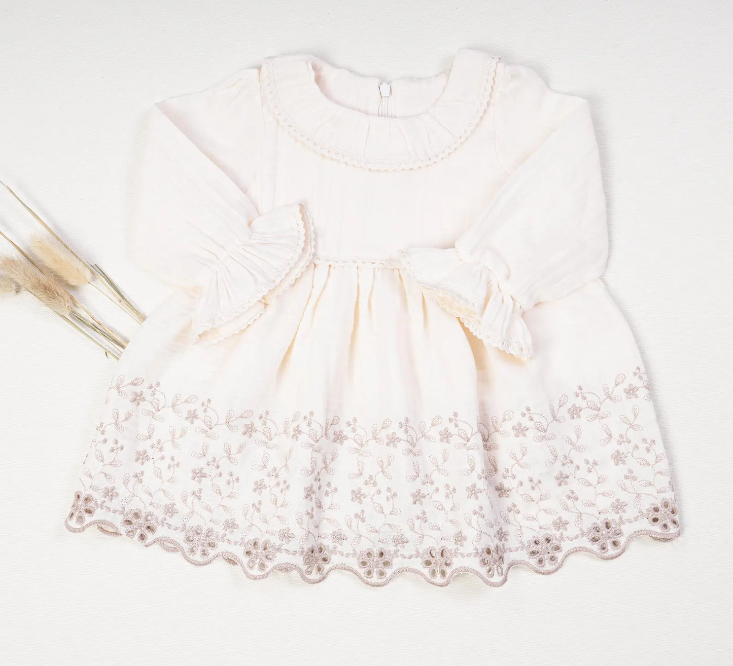 Baby Girl Muslin Dress & Cardigan Set Cream/ Beige with Tights & Hat