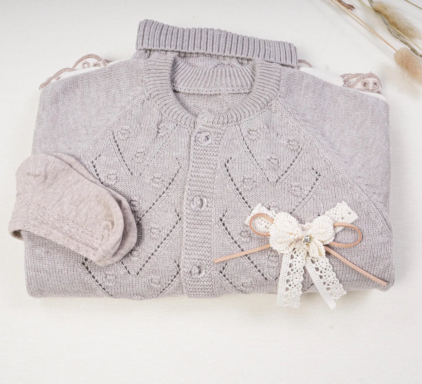 Baby Girl Muslin Dress & Cardigan Set Cream/ Beige with Tights & Hat