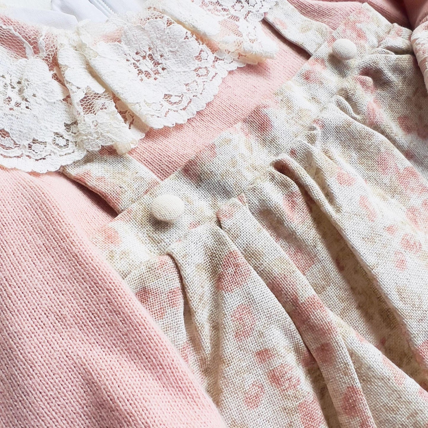 Pink Beige Floral Vintage Style Natural Cotton Dress for Girls with Lace