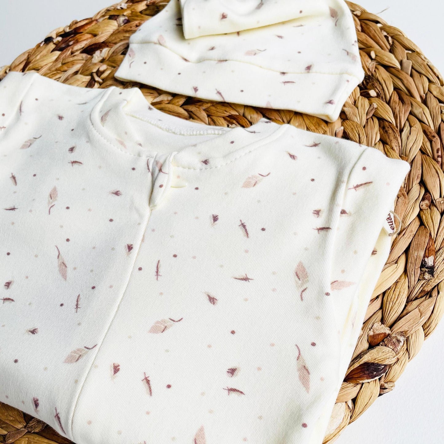 Baby Romper "Feather" Organic Cotton Cream One Piece set with Hat