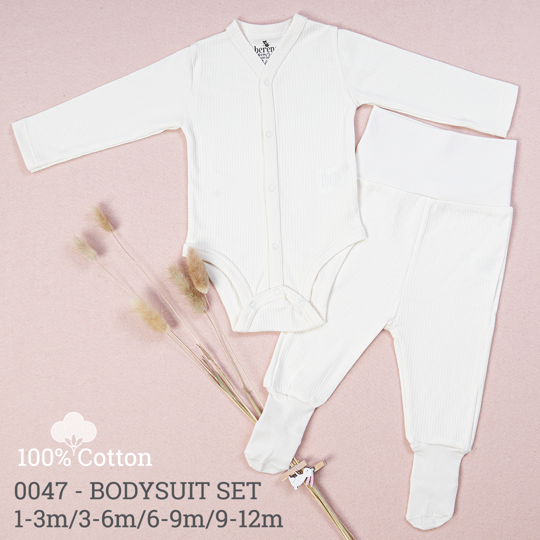 100% Cotton Baby Bodysuit & Pants Set Ribbed Cream