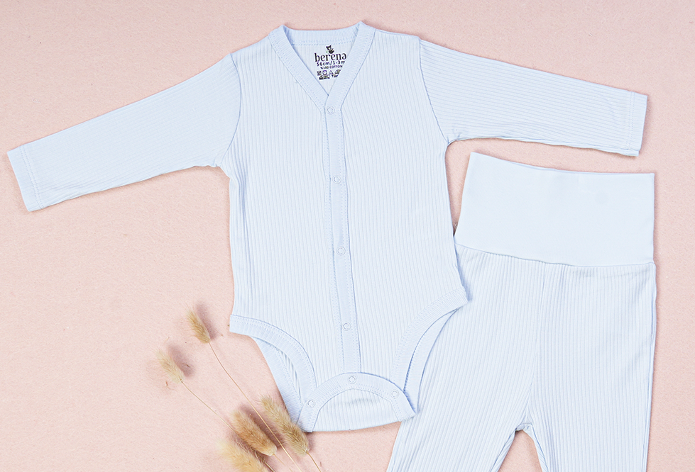 100% Cotton Baby Bodysuit & Pants Set Ribbed Blue