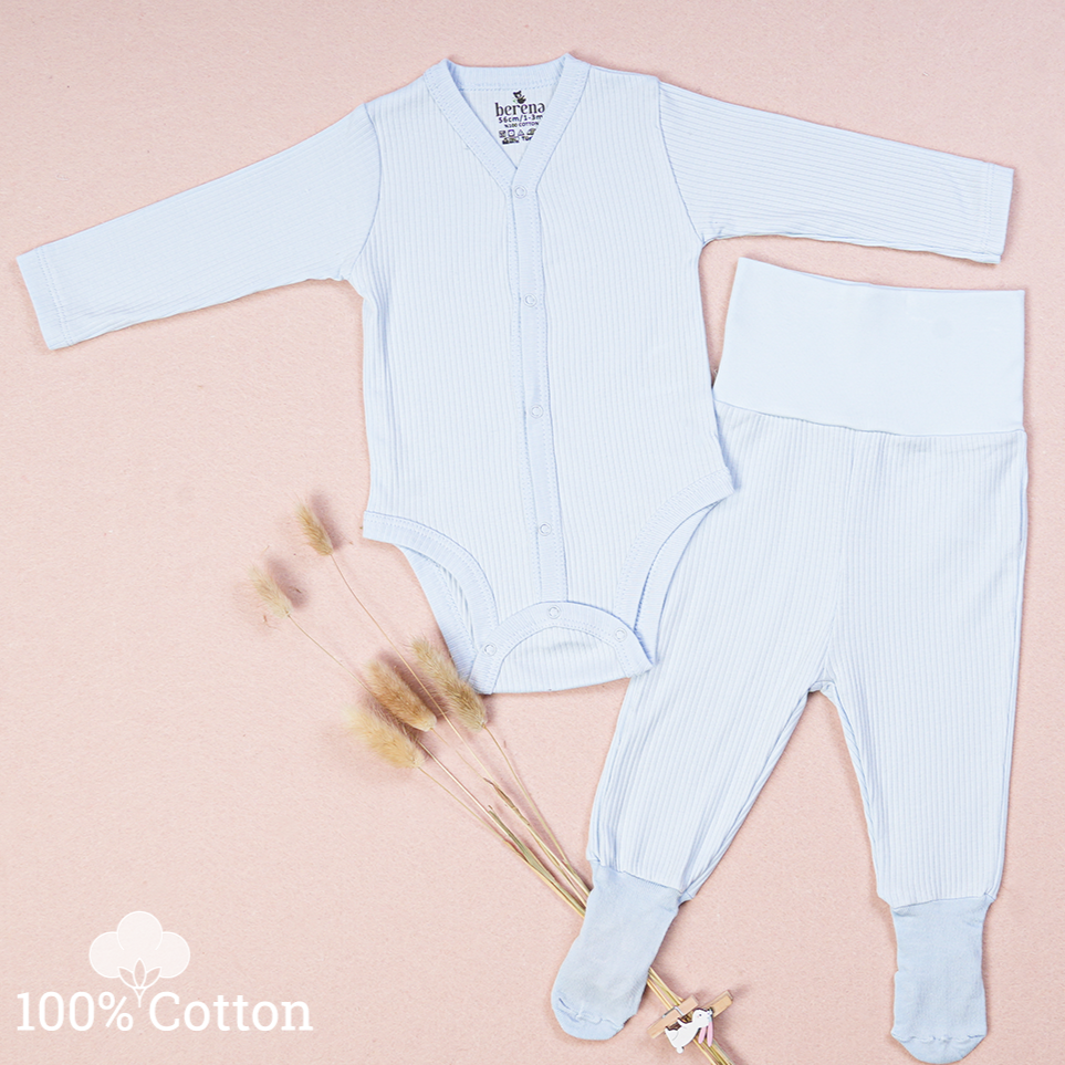 100% Cotton Baby Bodysuit & Pants Set Ribbed Blue