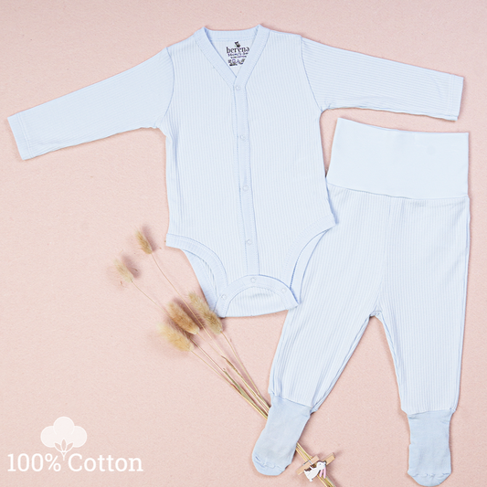 100% Cotton Baby Bodysuit & Pants Set Ribbed Blue