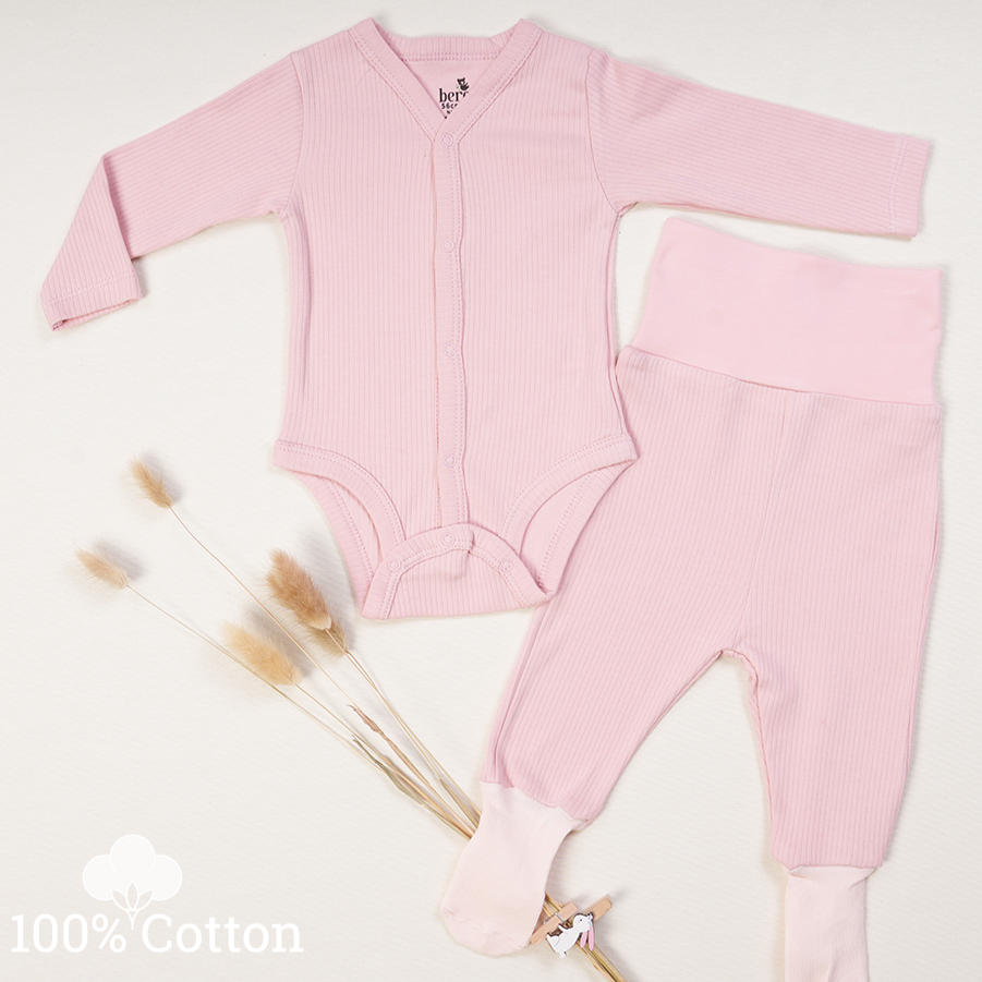 100% Cotton Baby Bodysuit & Pants Set Ribbed Pink