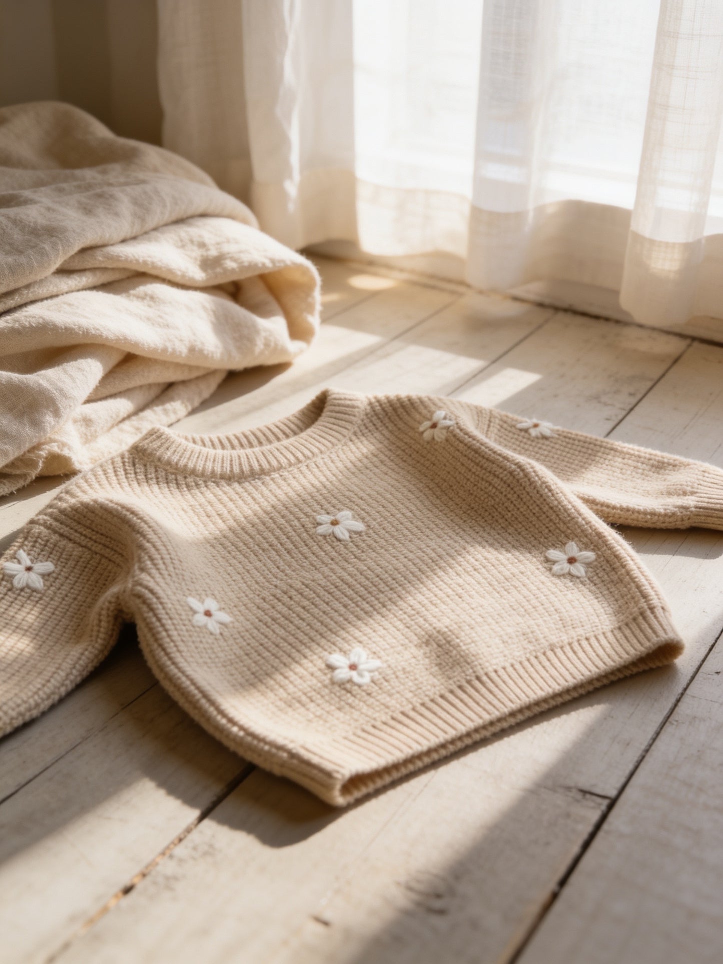 Kids Cotton Knit Girls Sweater: Flowers Embroidered