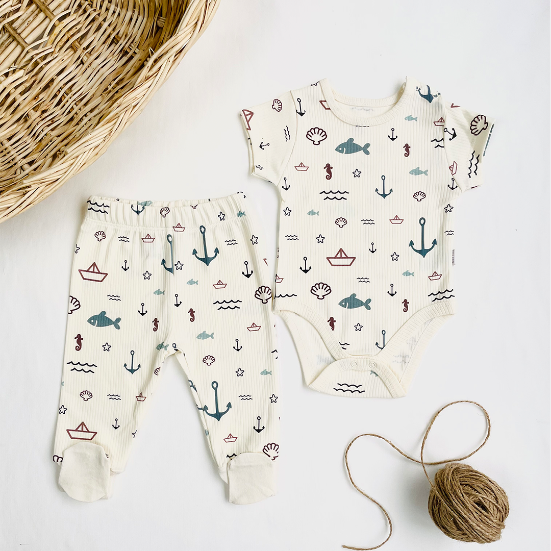 100% Cotton Whales Nautical Baby Bodysuit & Pants Set