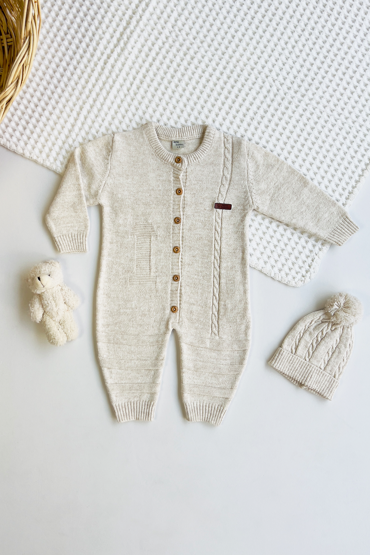 Baby Soft Knit Button Down Jumpsuit & Beanie