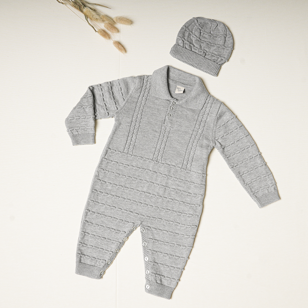 Baby Knit Cotton Jumpsuit with Beanie 0-12months