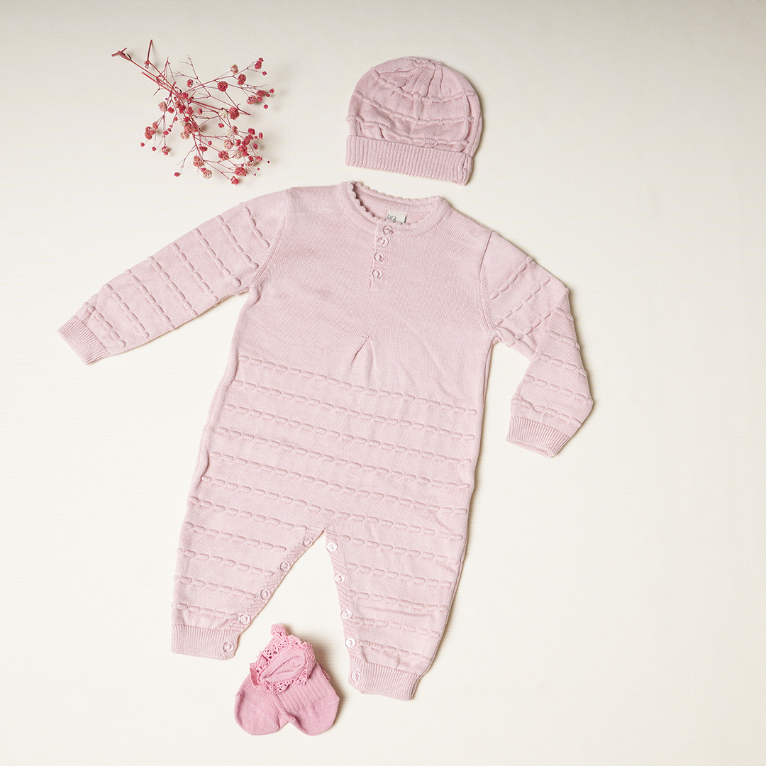 Baby Knit Cotton Jumpsuit with Beanie 0-12months