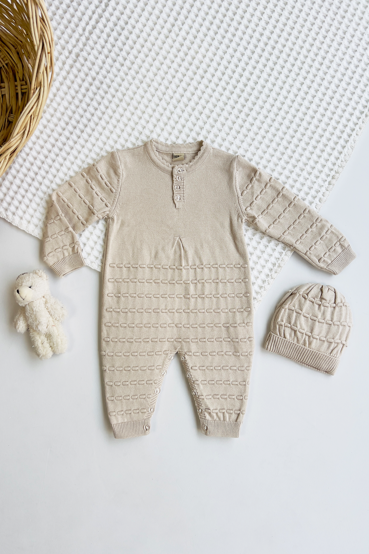 Baby Knit Cotton Jumpsuit with Beanie 0-12months