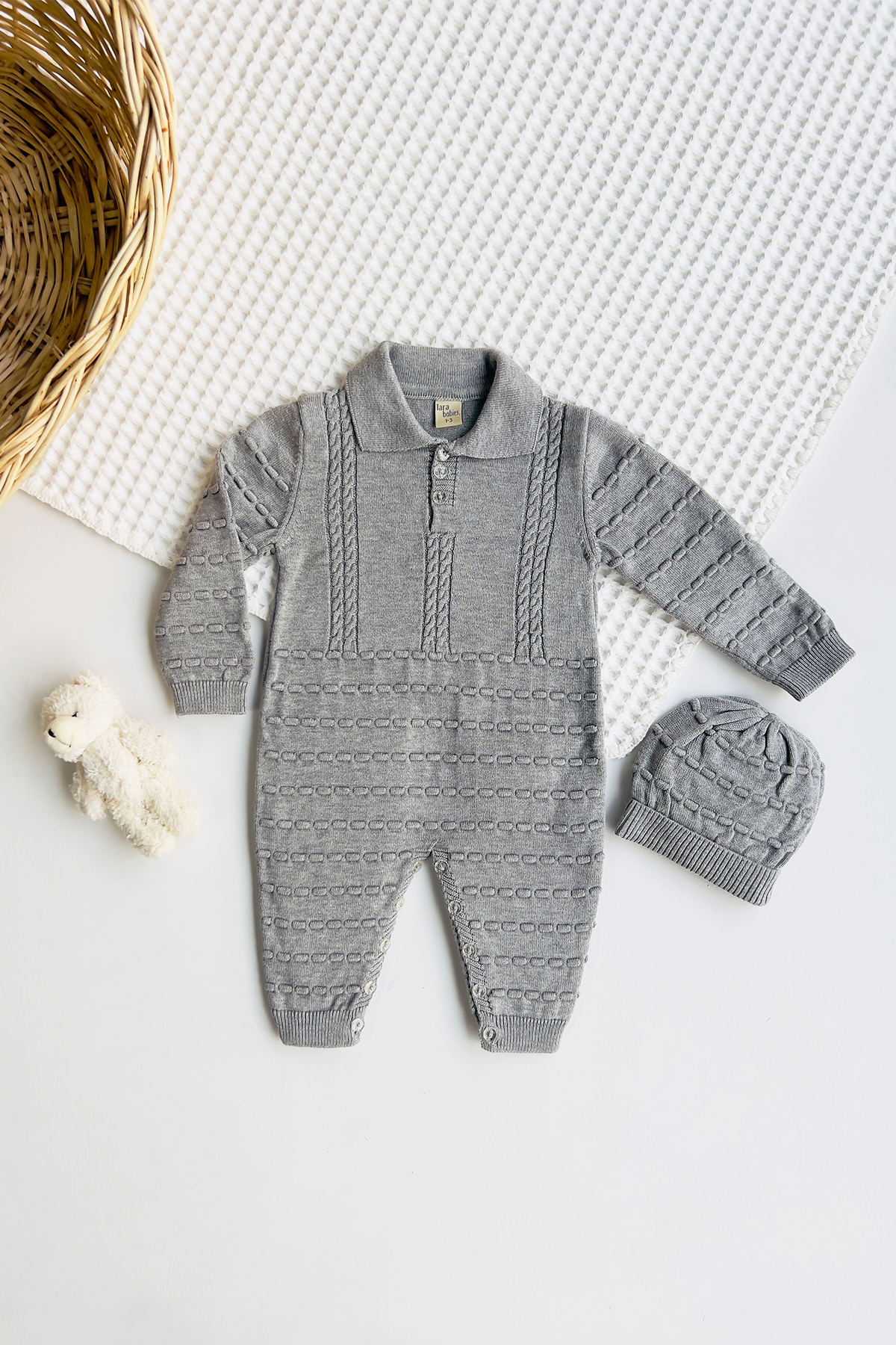 Baby Knit Cotton Jumpsuit with Beanie 0-12months