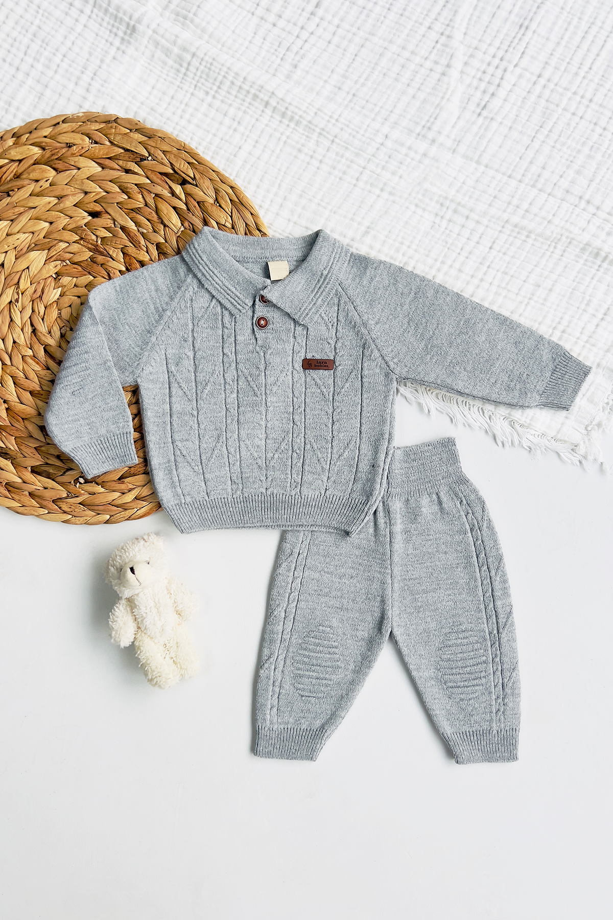 2-piece Baby Knit Set Buttoned Outfit Natural Wool