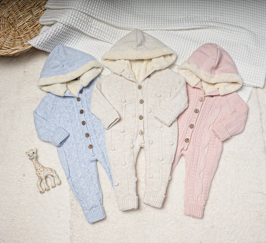 Baby Hooded Knit Jumpsuit with Wooden Buttons