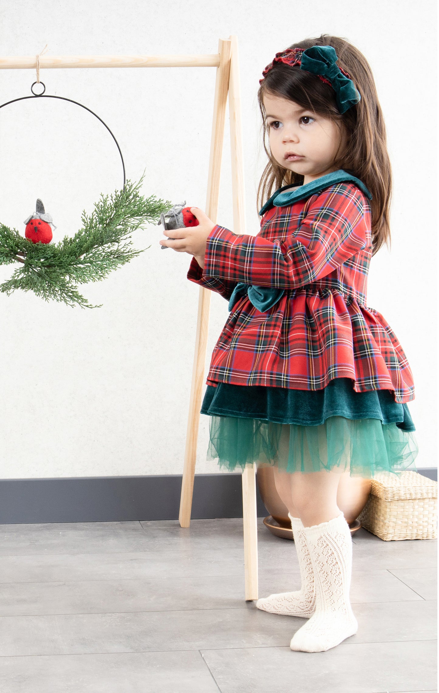 Pleated Holiday dress with Velvet Bow
