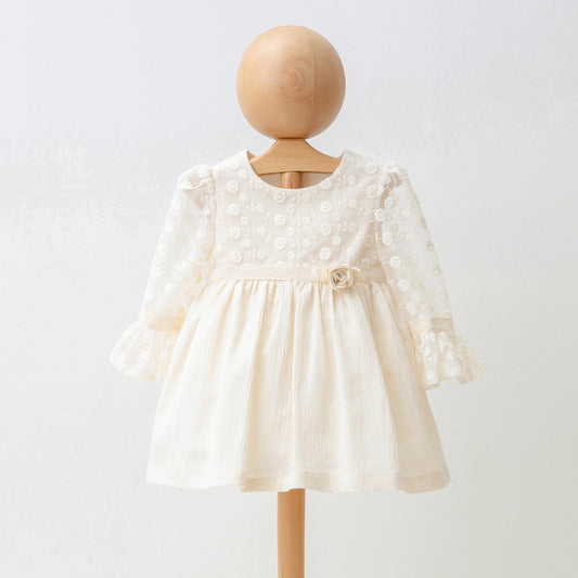Natural Muslin Cotton Dress for Girls with Floral Lace Detail and Long Sleeve Cream
