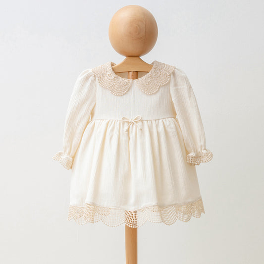 Cotton Dress for Girls with Lace Detail and Long Sleeve