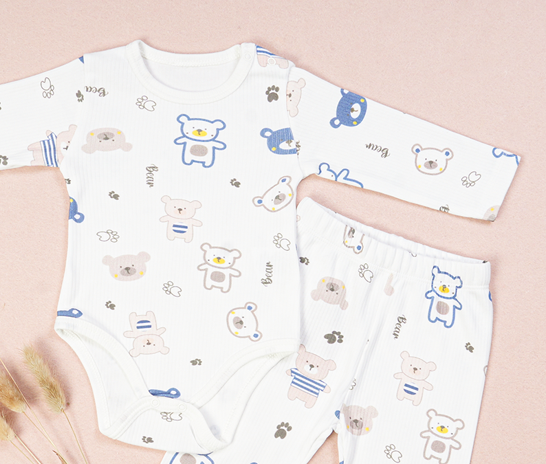 100% Cotton Baby Bodysuit & Pants Set Ribbed Bear