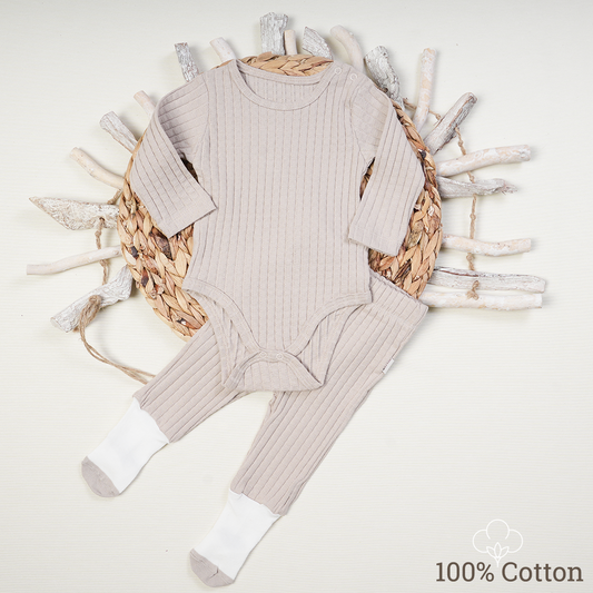 100% Cotton Baby Bodysuit & Pants Set Ribbed Beige