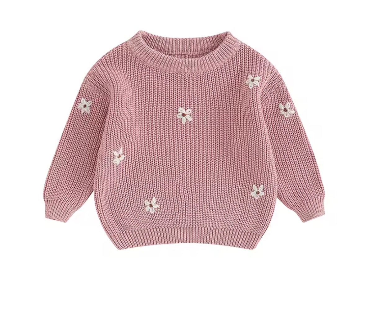 Kids Cotton Knit Girls Sweater: Flowers Embroidered