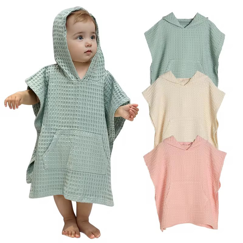 Organic Cotton Waffle Kids Poncho Hooded Towel: Pool, Beach, Bathroom in 3 colors