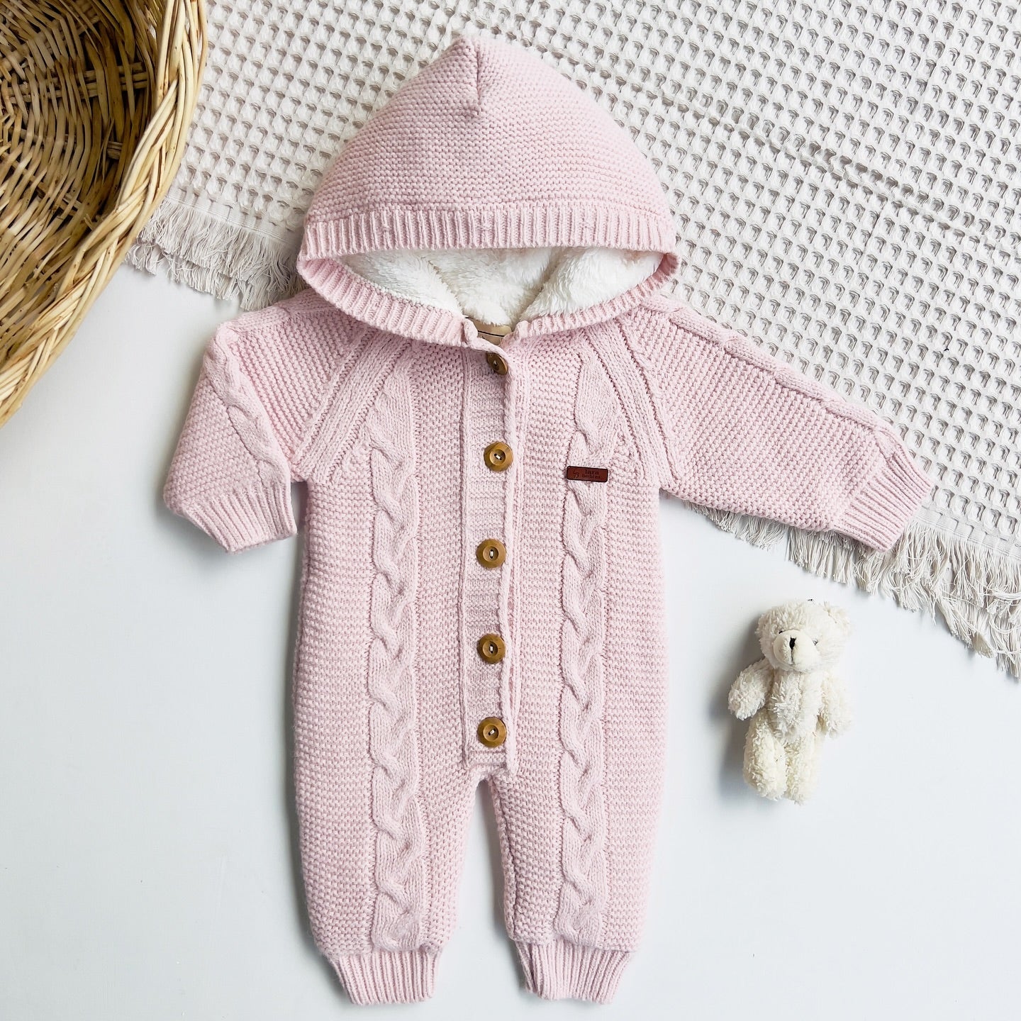 Baby Hooded Knit Jumpsuit with Wooden Buttons