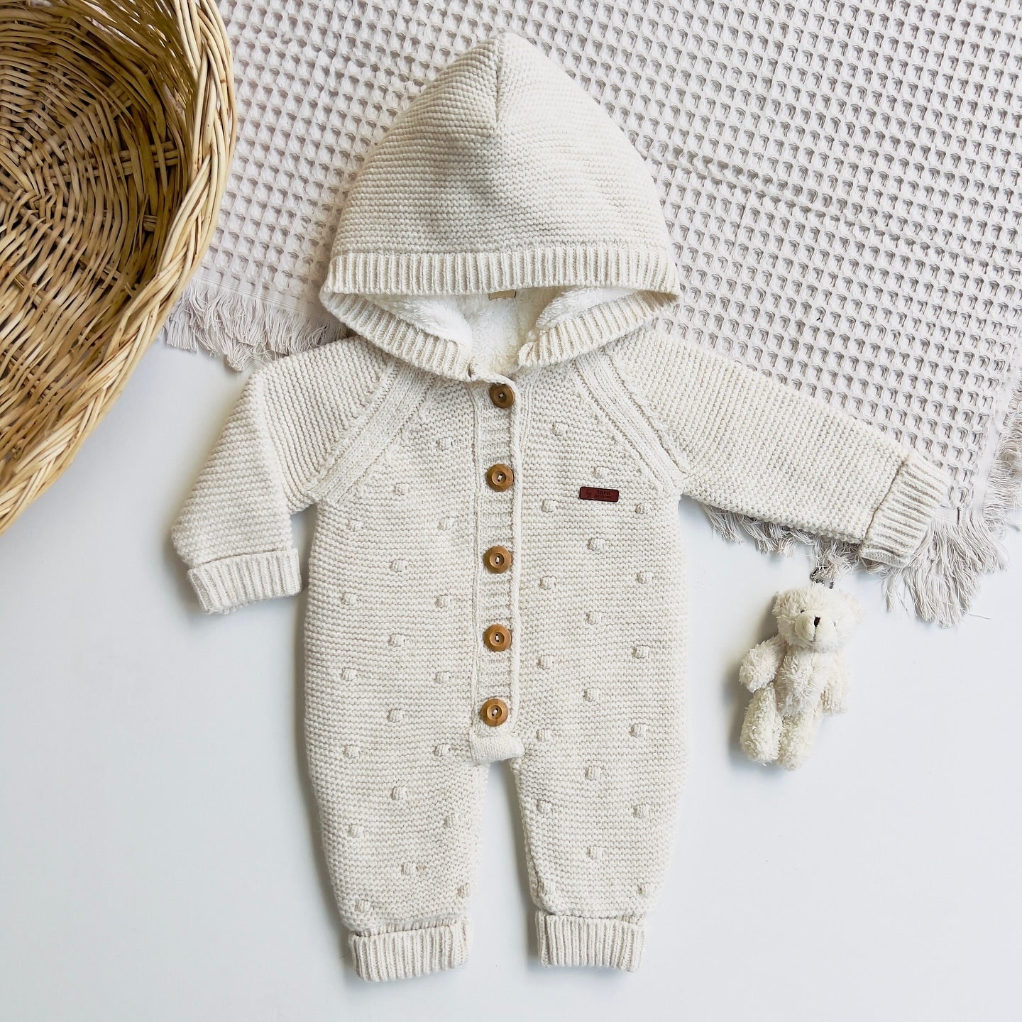 Baby Hooded Knit Jumpsuit with Wooden Buttons