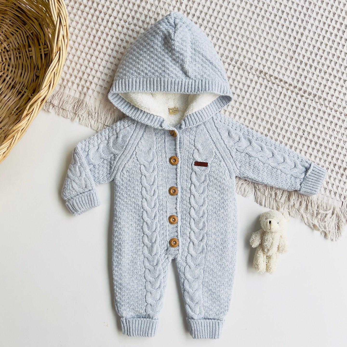 Baby Hooded Knit Jumpsuit with Wooden Buttons