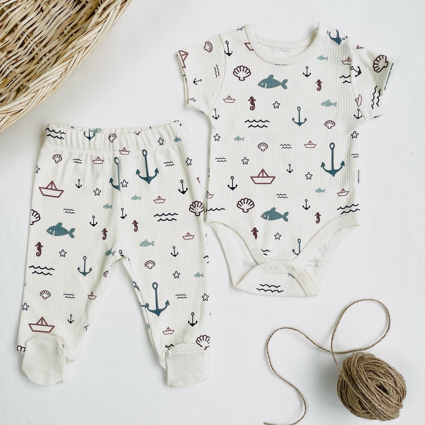 100% Cotton Whales Nautical Baby Bodysuit & Pants Set