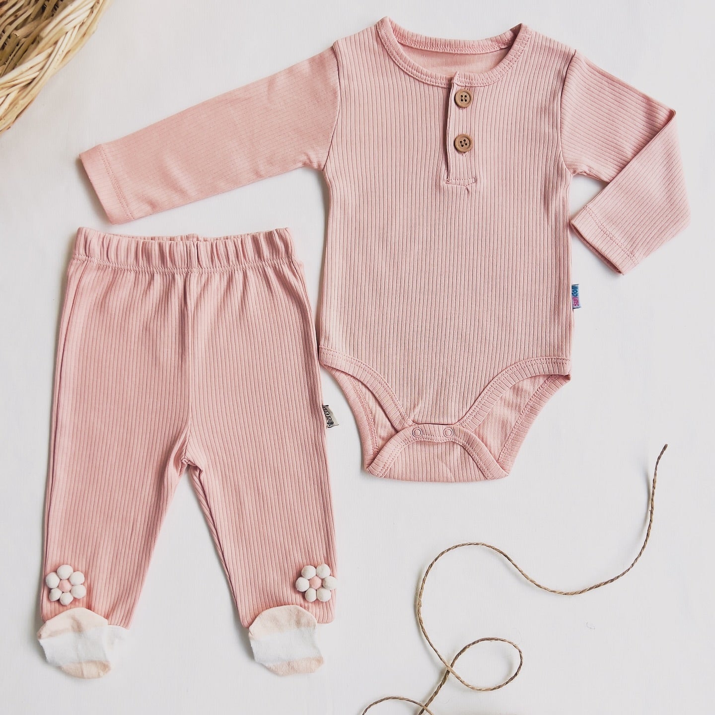 100% Cotton Baby Bodysuit & Pants Set Pink with Flower