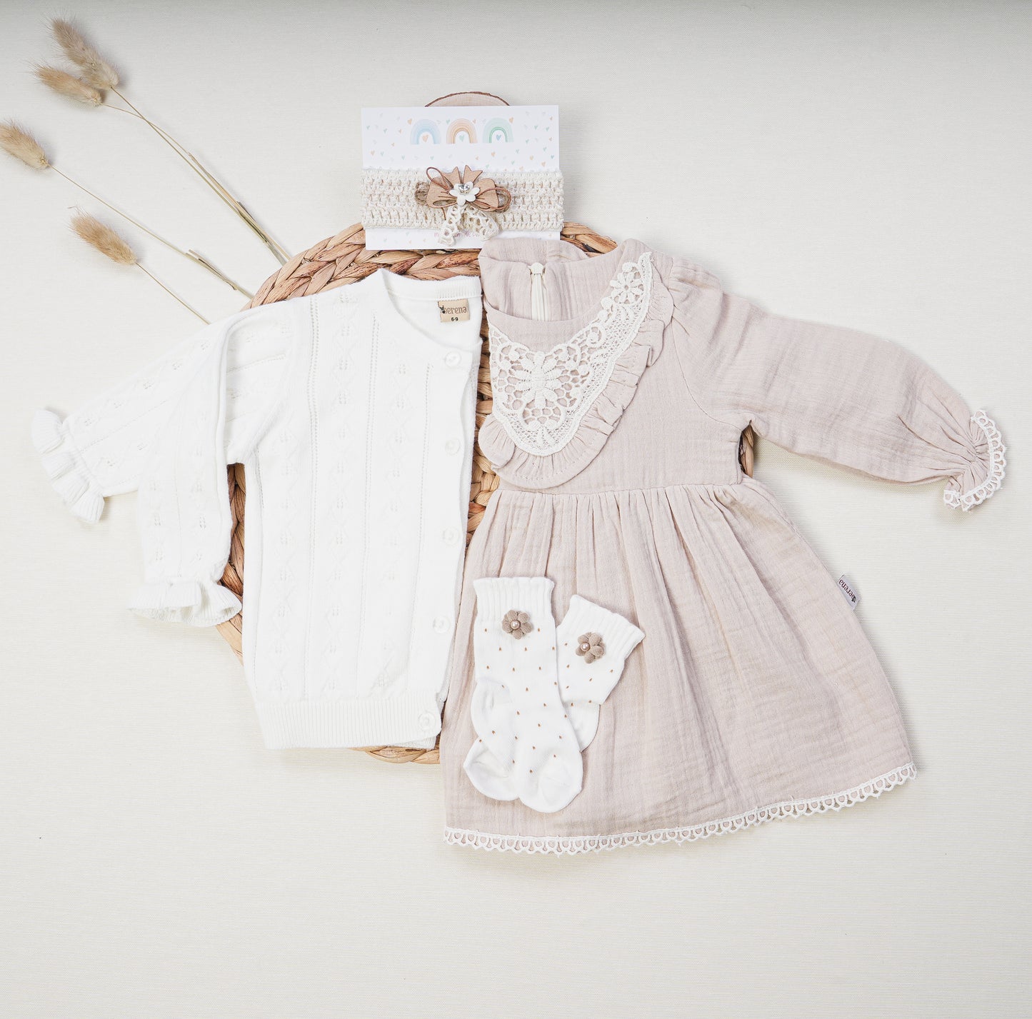 Baby Girl Muslin Dress & Cardigan Set Beige/White