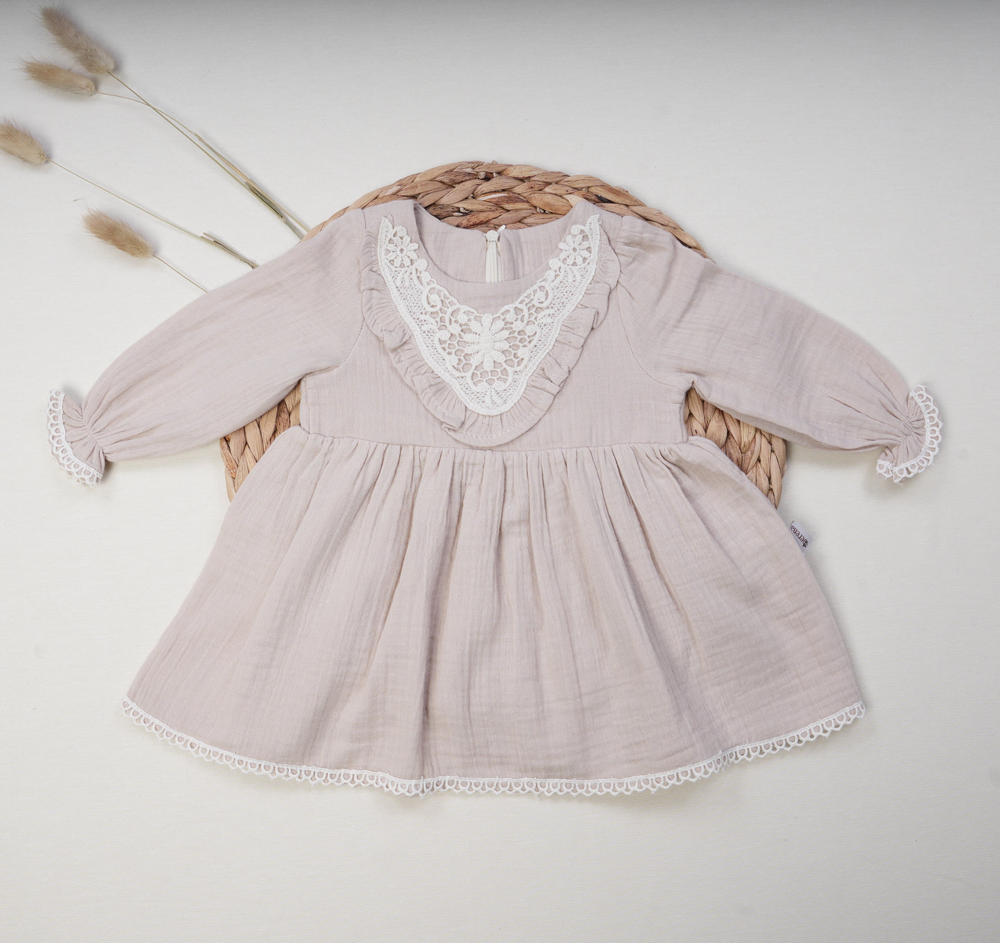 Baby Girl Muslin Dress & Cardigan Set Beige/White