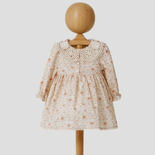 Floral Muslin Cotton Dress for Girls Natural Lace Collar Design Beige