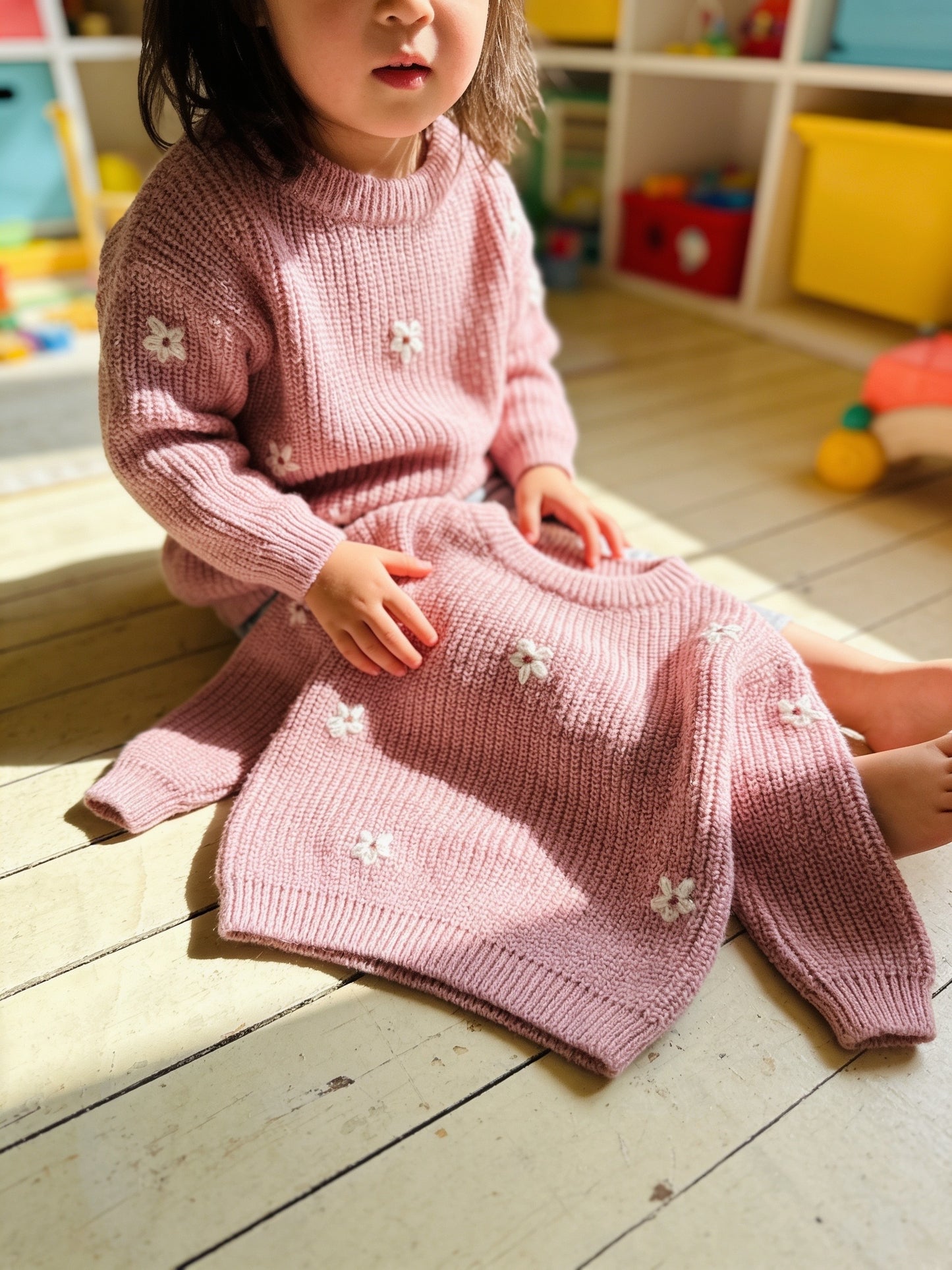 Kids Cotton Knit Girls Sweater: Flowers Embroidered