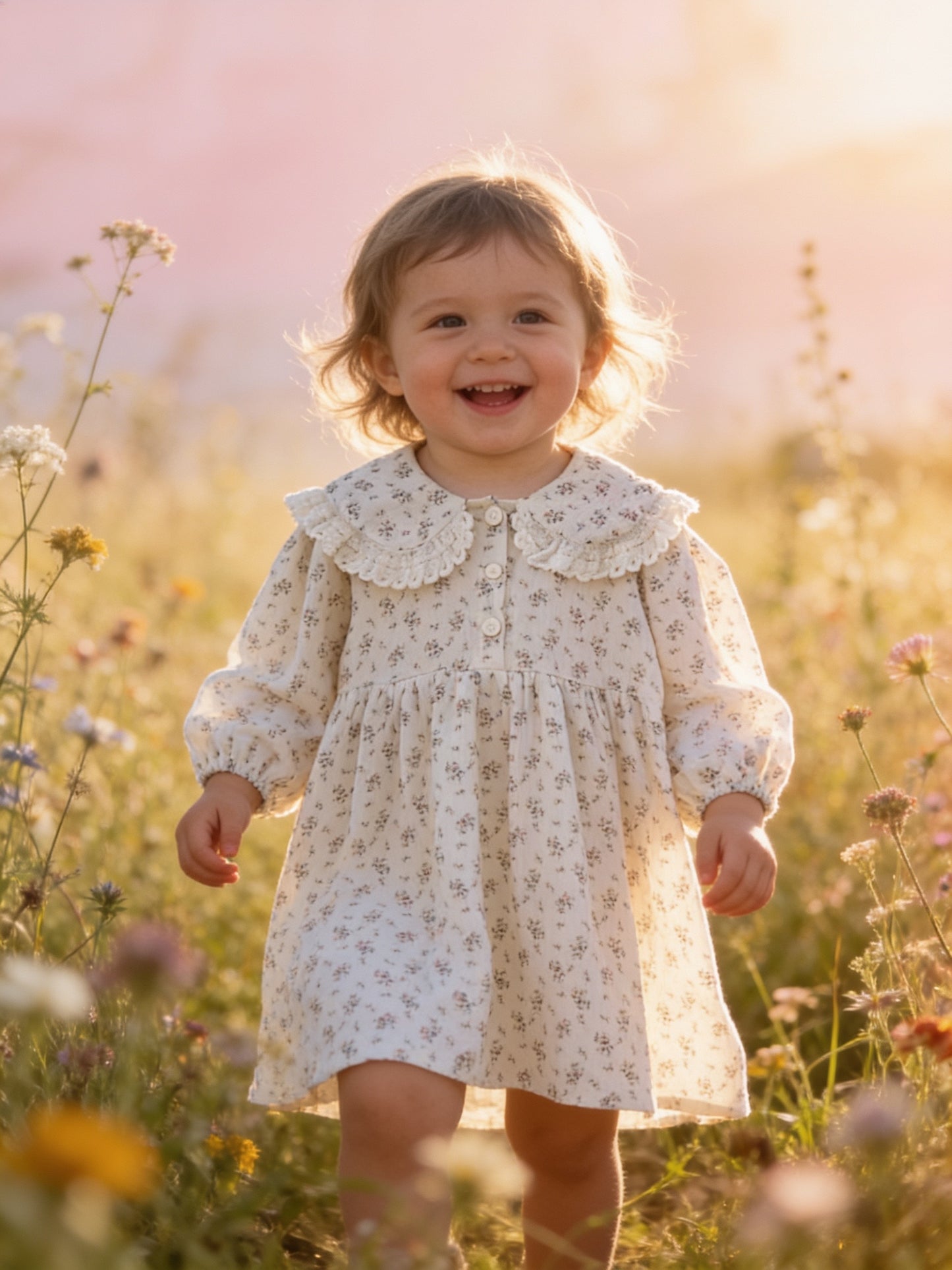 Floral Muslin Cotton Dress for Girls with Lace Detail