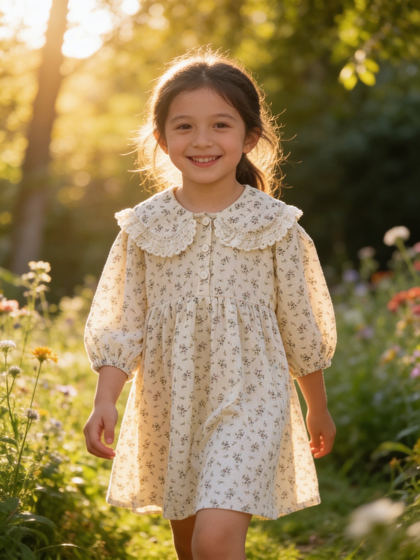 Floral Muslin Cotton Dress for Girls with Lace Detail