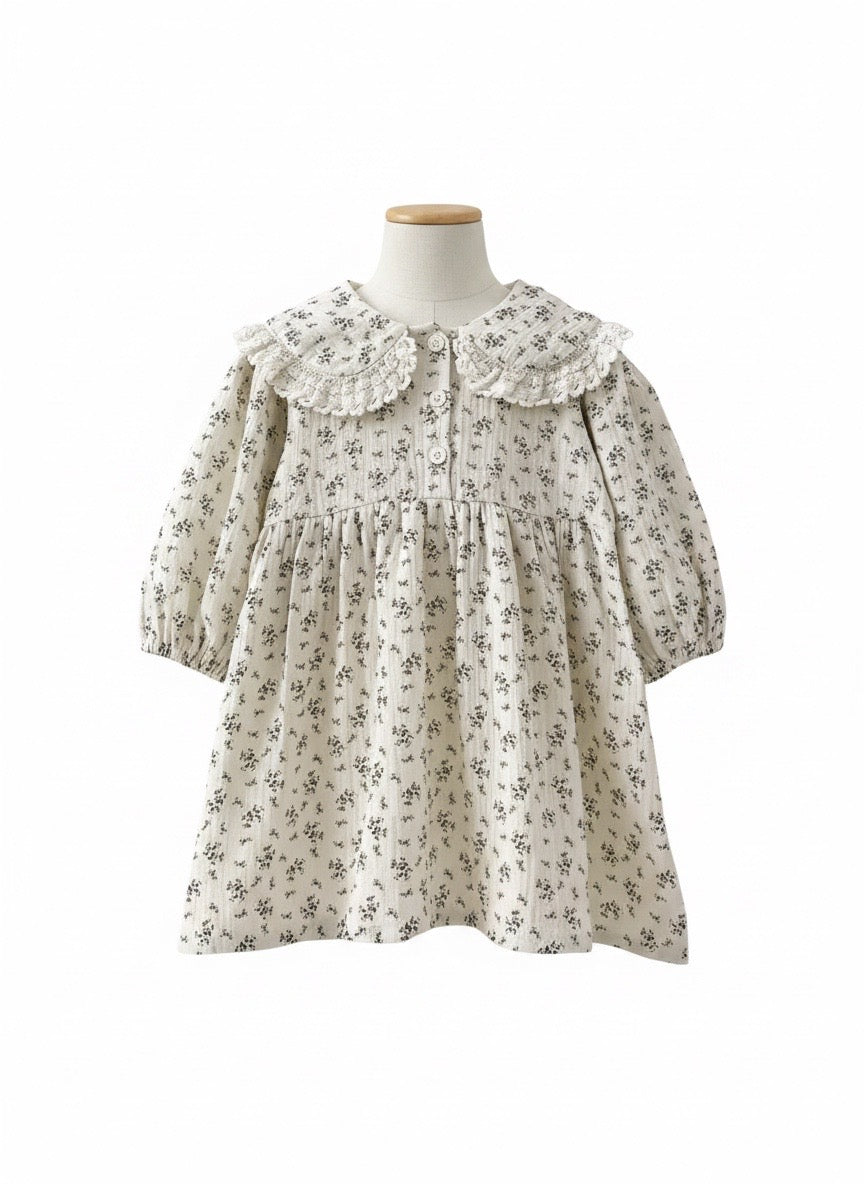 Floral Muslin Cotton Dress for Girls with Lace Detail