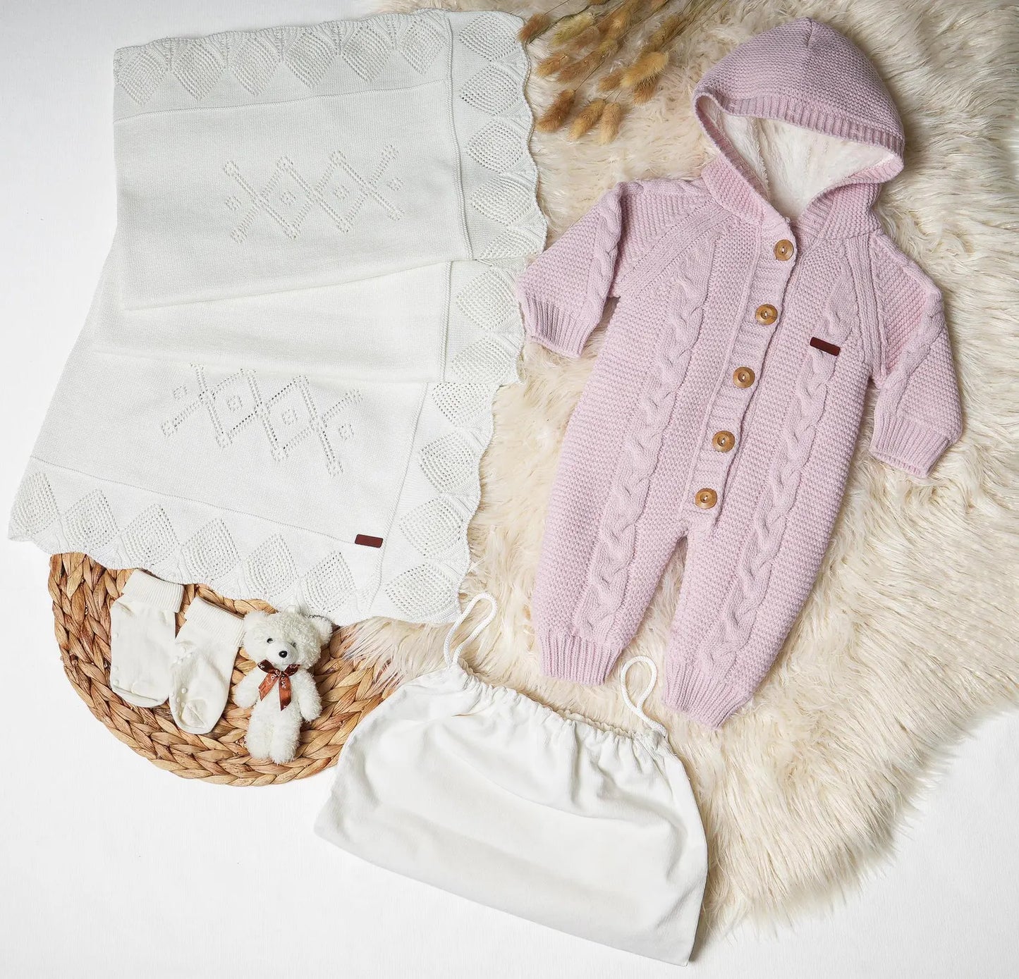 Baby Hooded Knit Jumpsuit with Wooden Buttons