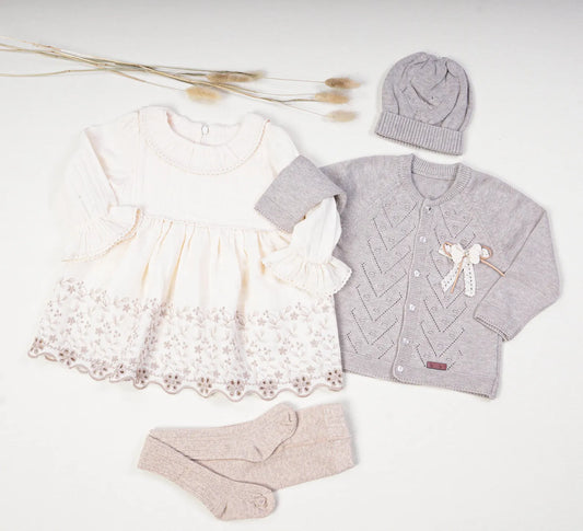 Baby Girl Muslin Dress & Cardigan Set Cream/ Beige with Tights & Hat